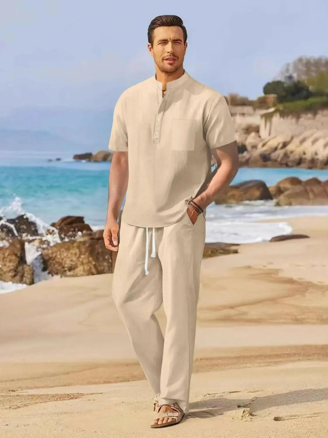 Men's Full Size Half Button Top and Drawstring Pants Set Plus Size.