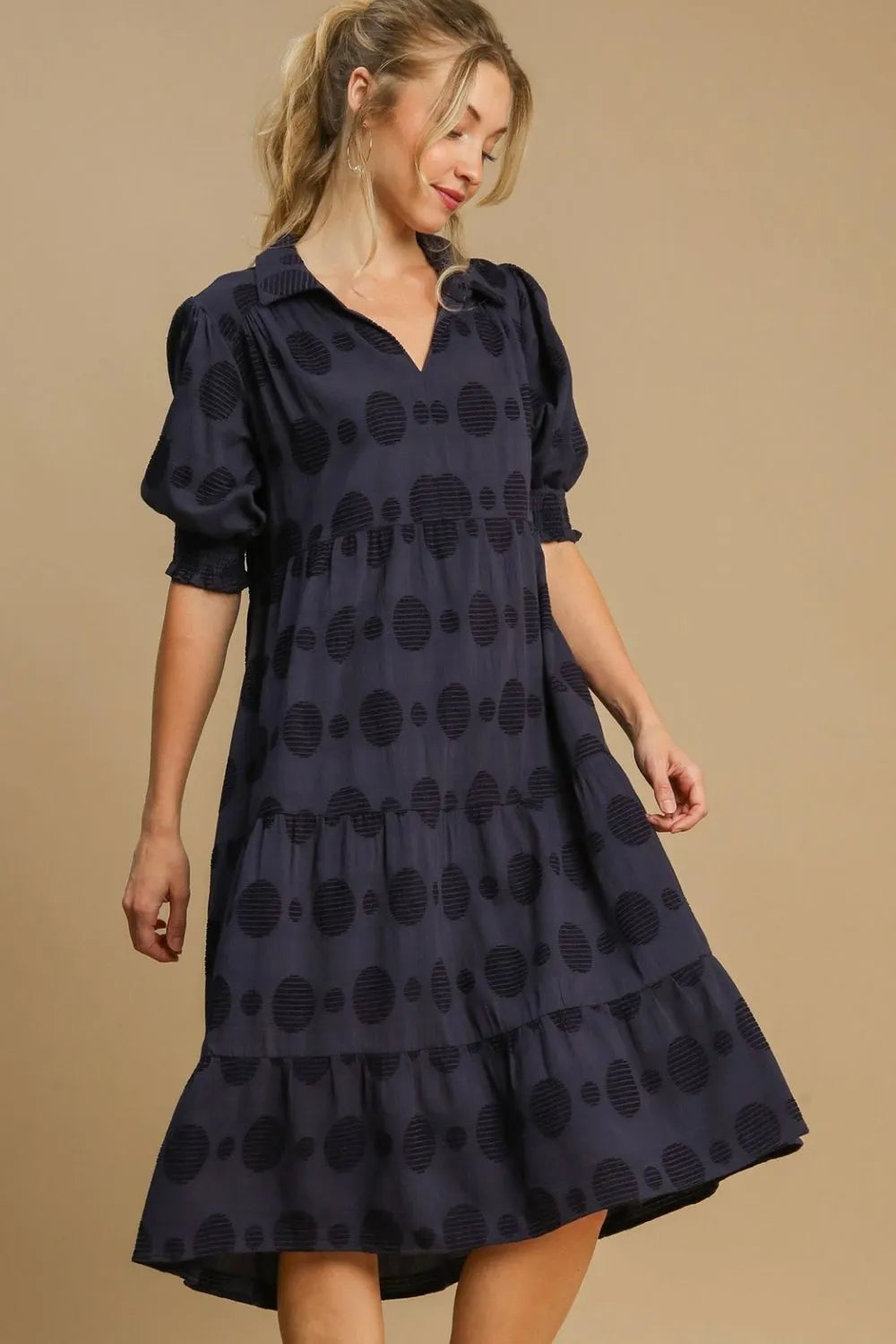 Umgee Full Size Swiss Dot Jacquard Tiered Midi Dress Plus Size - Premium Dresses from Trendsi - Just $60.99! Shop now at Handbags Specialist Headquarter