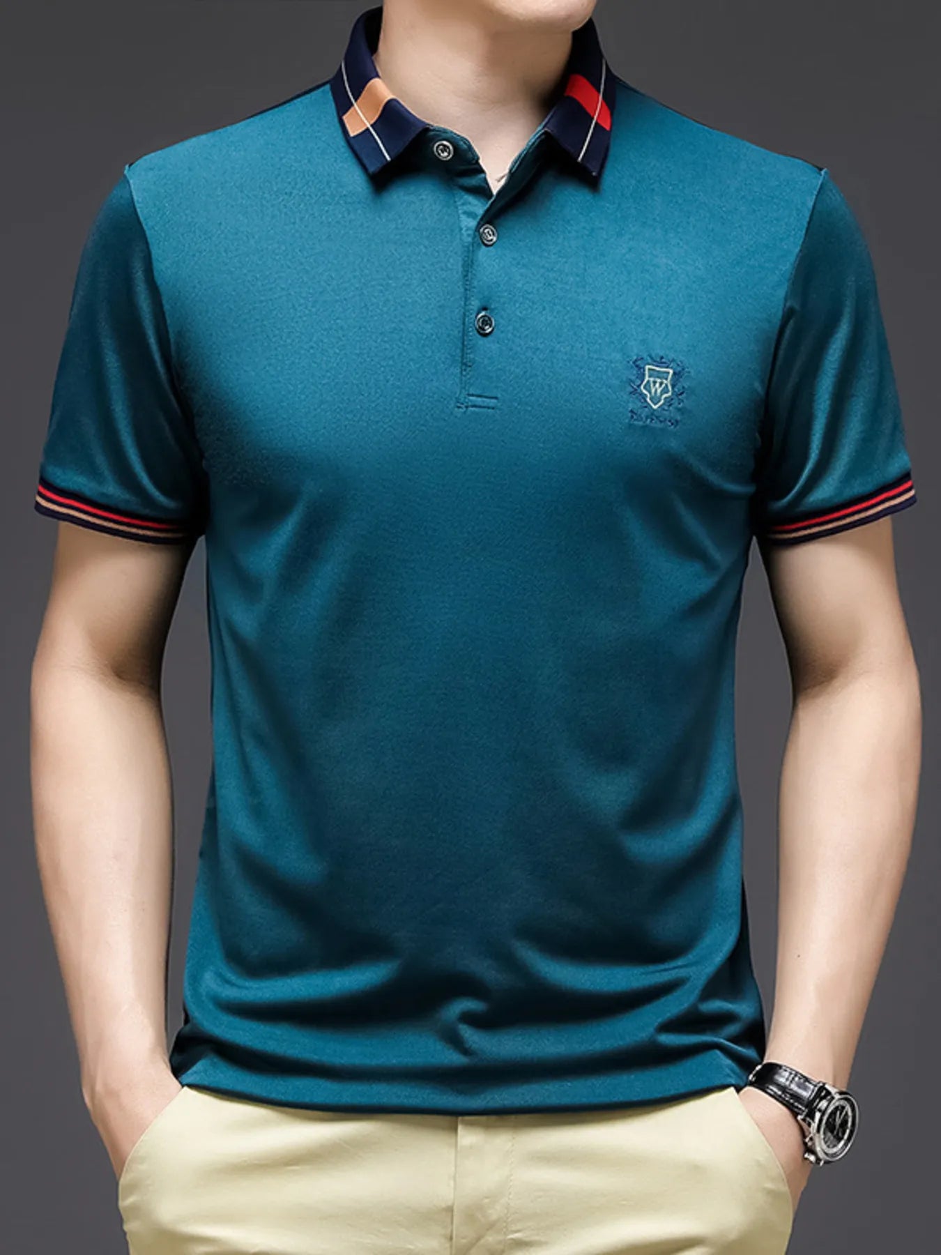 Men's Plus Size Short Sleeve Contrast Collar Polo Shirt - Premium Men's Polo shirt from Trendsi - Just $36.99! Shop now at Handbags Specialist Headquarter