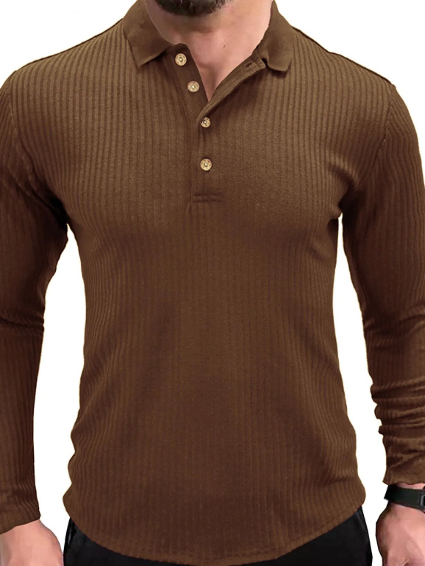 Men's Ribbed Knit Long Sleeve Polo - Premium Men's Polo shirt from Trendsi - Just $28.18! Shop now at Handbags Specialist Headquarter