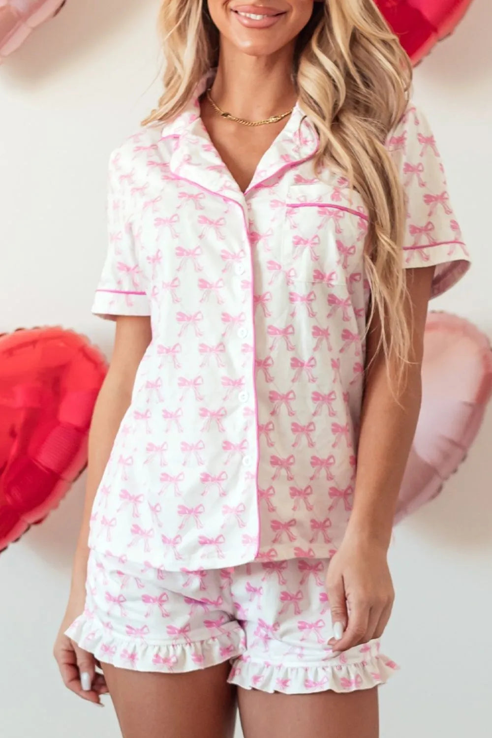 Bow Shirt and Shorts Lounge Set - Premium Sleepwear from Trendsi - Just $49.99! Shop now at Handbags Specialist Headquarter