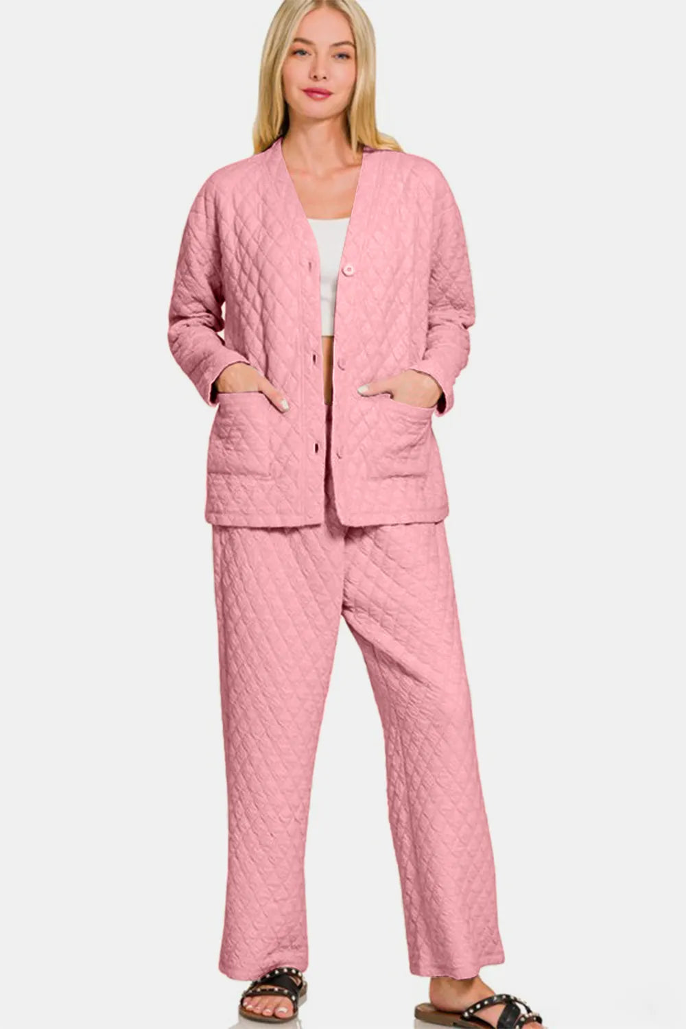 Zenana Quilted Button Up Long Sleeve Top and Pants Lounge Set - Premium Sleepwear from Trendsi - Just $46.99! Shop now at Handbags Specialist Headquarter
