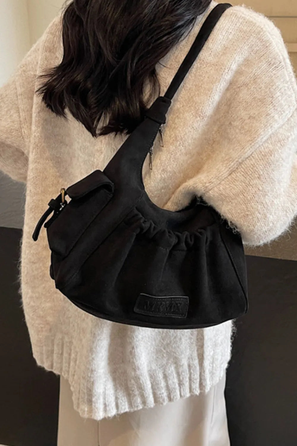 Ruched Suede Handbag with Zipper - Premium Tote Bag from Trendsi - Just $44.99! Shop now at Handbags Specialist Headquarter