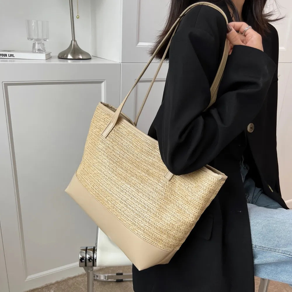 Straw Weave Leather Strap Tote Bag - Premium Tote Bag from Trendsi - Just $39.99! Shop now at Handbags Specialist Headquarter