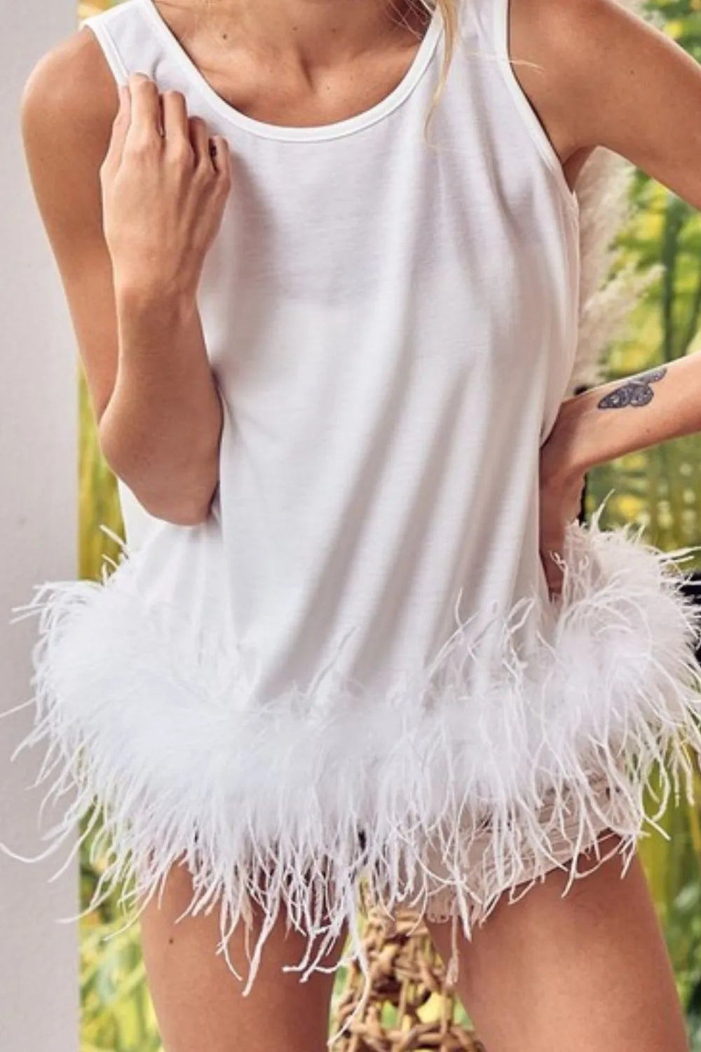 BiBi French Terry Faux Feather Bottom Back Tied Top - Premium Bottoms from Trendsi - Just $42.18! Shop now at Handbags Specialist Headquarter