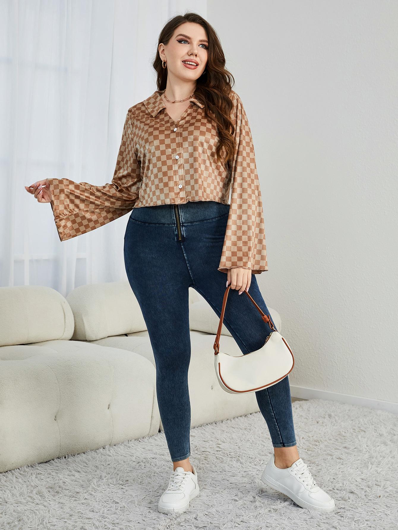 Plus Size Checkered Johnny Collar Flare Sleeve Shirt - Premium Plus Size Shirts from Trendsi - Just $27! Shop now at Handbags Specialist Headquarter