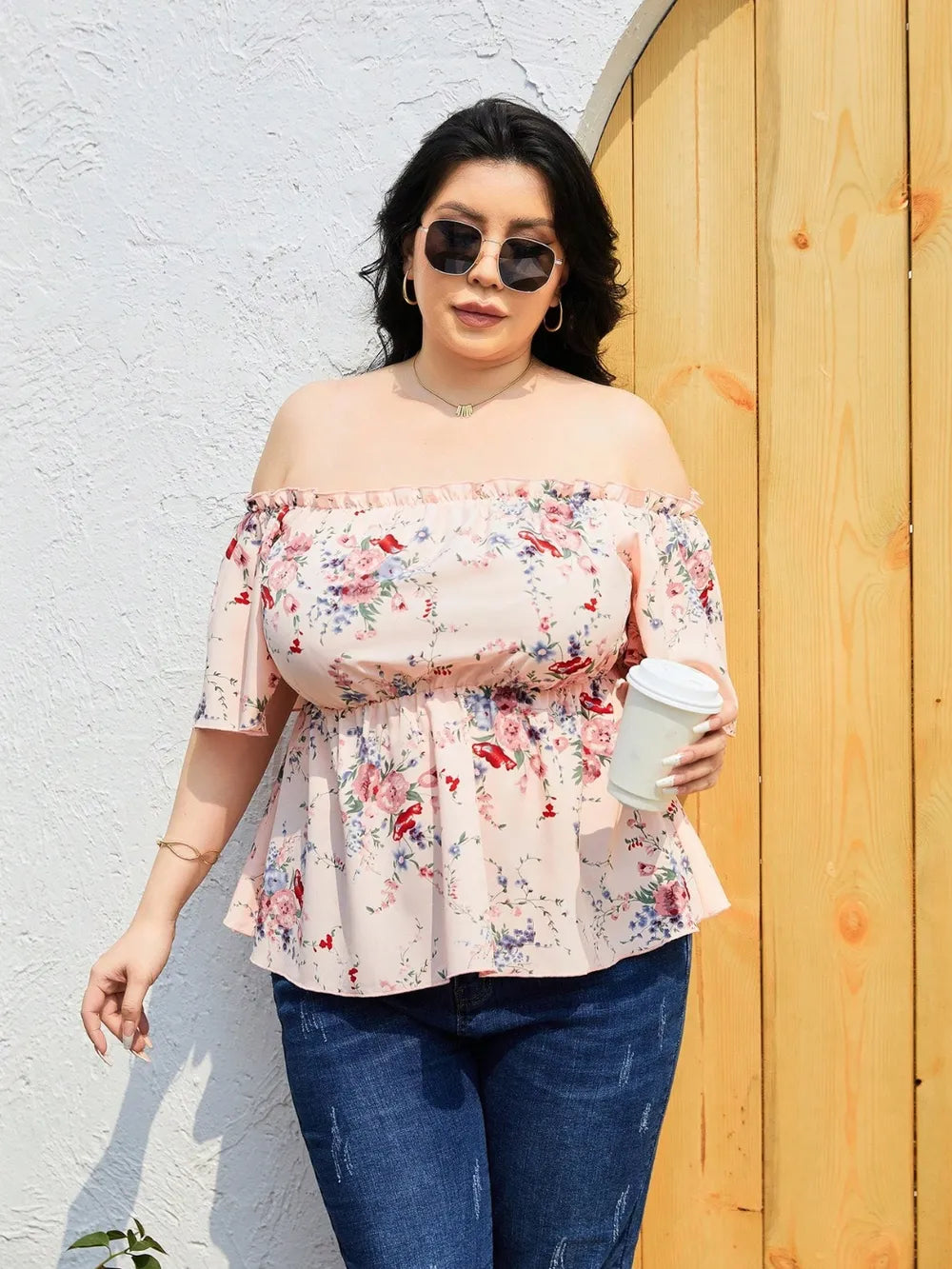 Plus Size Frill Printed Flutter Sleeve Blouse - Premium Plus Size Shirts from Trendsi - Just $21! Shop now at Handbags Specialist Headquarter