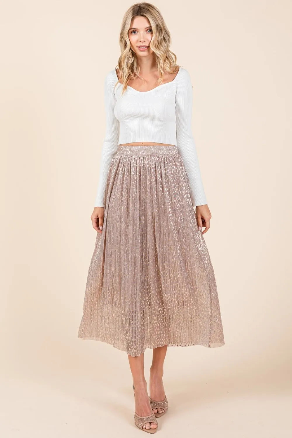 Mittoshop Metallic Glitter Speckle Print Elastic Midi Skirt - Premium Skirts from Trendsi - Just $54.99! Shop now at Handbags Specialist Headquarter
