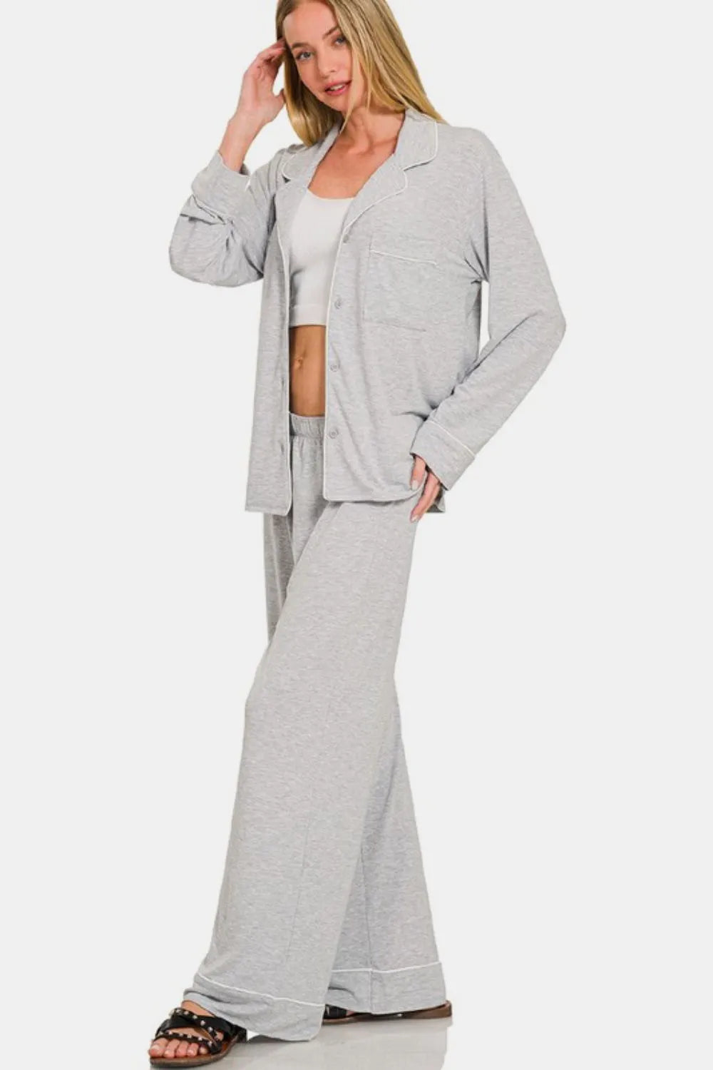 Zenana Button Down Long Sleeve Top and Pants Lounge Set - Premium Sleepwear from Trendsi - Just $46.99! Shop now at Handbags Specialist Headquarter