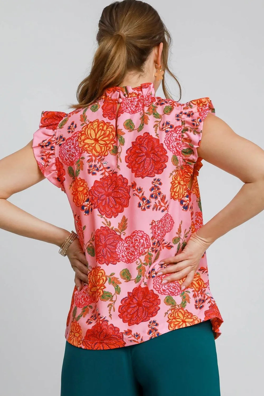 Umgee Full Size Floral Print Ruffled Cap Sleeve Blouse Plus Size - Premium Dresses from Trendsi - Just $42.99! Shop now at Handbags Specialist Headquarter
