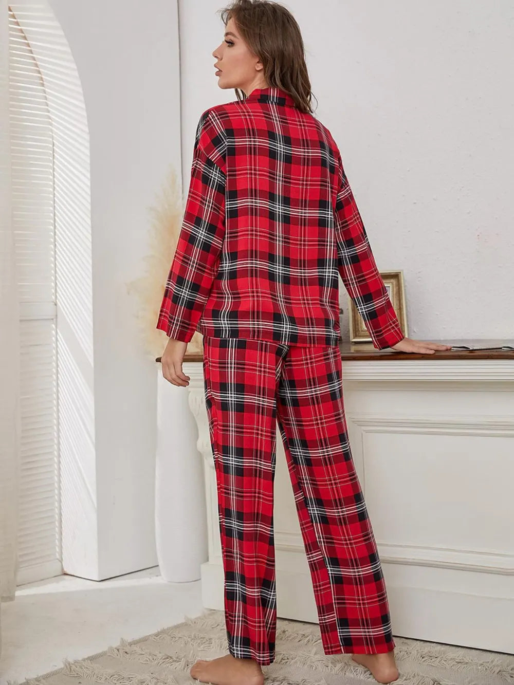 Plaid Collared Neck Long Sleeve Top and Pants Lounge Set - Premium Sleepwear from Trendsi - Just $43.99! Shop now at Handbags Specialist Headquarter