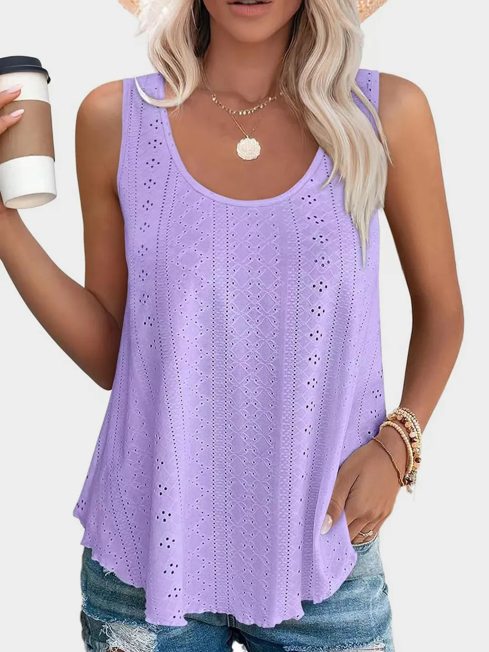 Florira Eyelet Round Neck Tank - Premium Tops from Trendsi - Just $18.22! Shop now at Handbags Specialist Headquarter