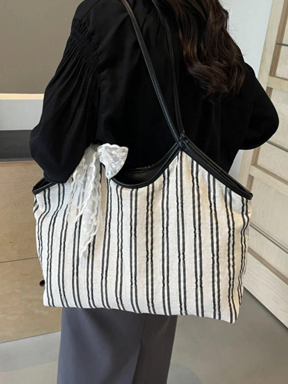 Striped Canvas Tote Bag - Premium Tote Bag from Trendsi - Just $39.99! Shop now at Handbags Specialist Headquarter