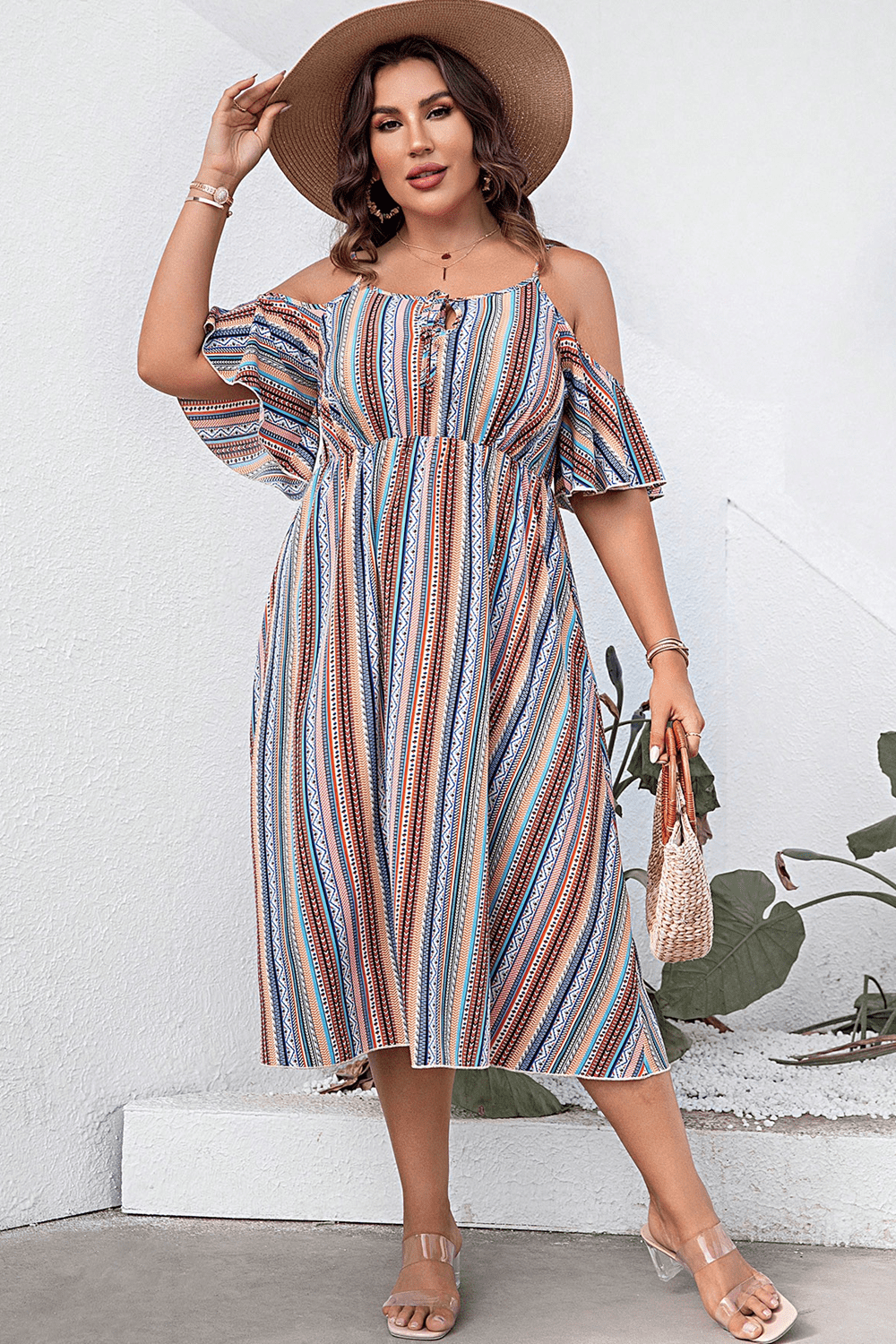 Plus Size Striped Cold-Shoulder Dress - Premium Dresses from Trendsi - Just $45.99! Shop now at Handbags Specialist Headquarter