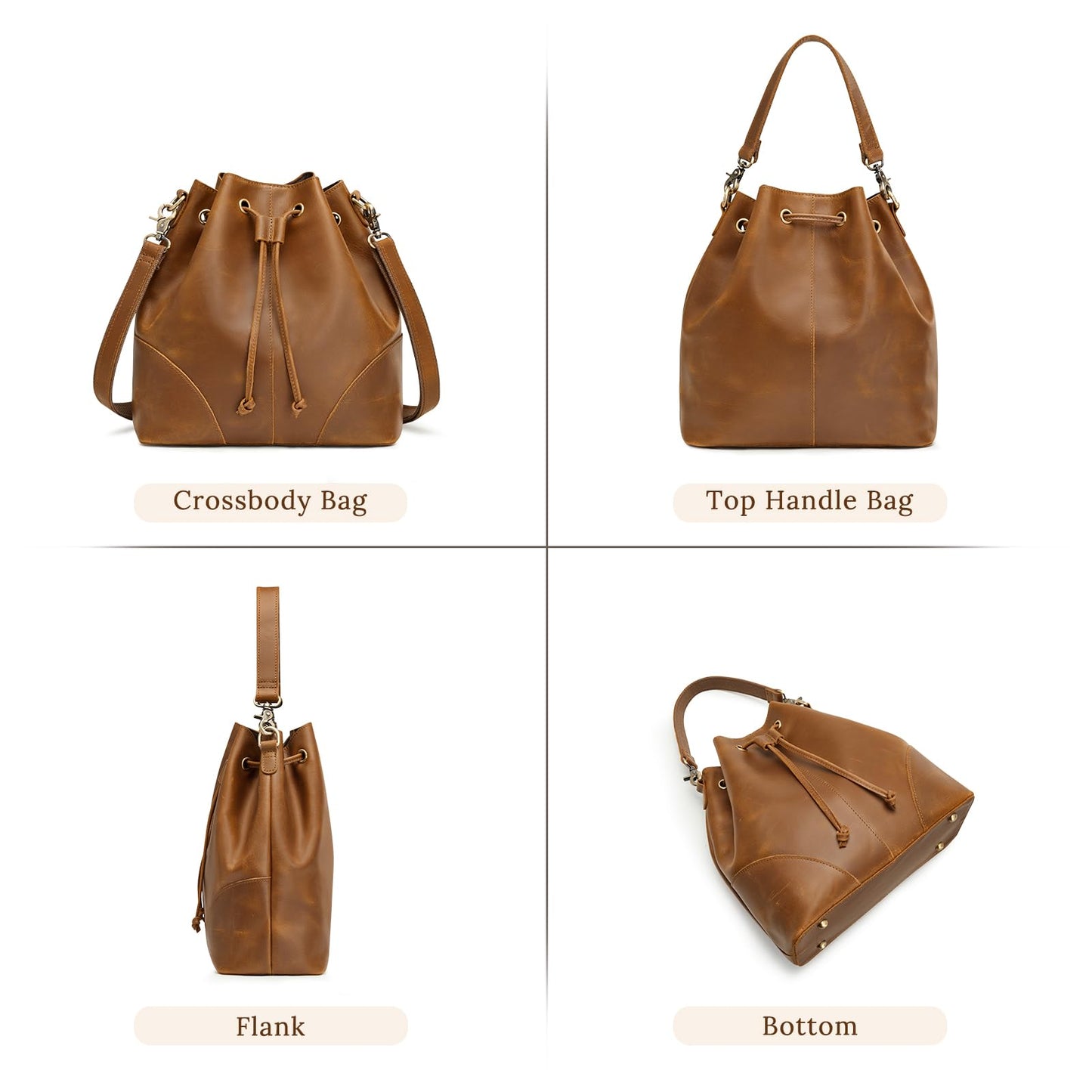 S-ZONE Luxe Leather Drawstring Bucket Bag