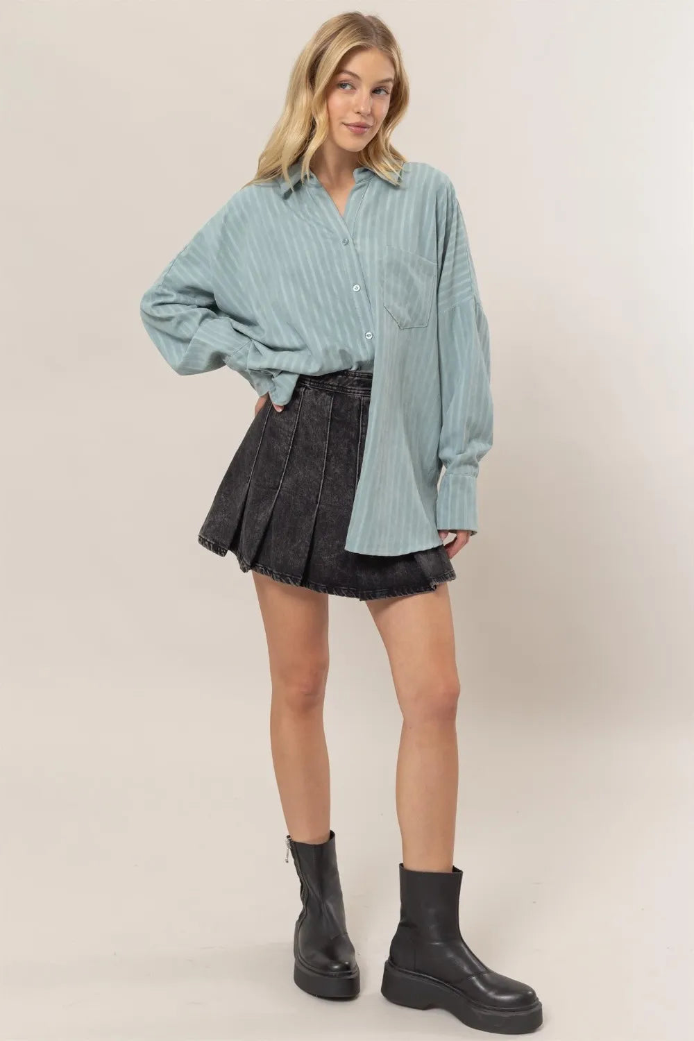 HYFVE Stripe Button Down Long Sleeve Oversized Shirt - Premium Women / Jeans & Denim from Trendsi - Just $36.30! Shop now at Handbags Specialist Headquarter