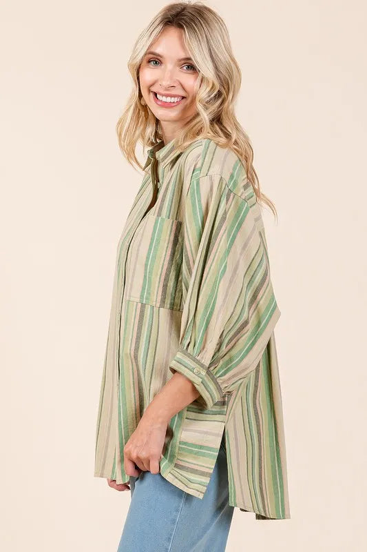 Mittoshop Striped Bubble Sleeve Button Down Shirt - Premium Women's Down Shirt Tops from Trendsi - Just $43.10! Shop now at Handbags Specialist Headquarter