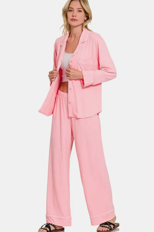 Zenana Button Down Long Sleeve Top and Pants Lounge Set - Premium Sleepwear from Trendsi - Just $46.99! Shop now at Handbags Specialist Headquarter