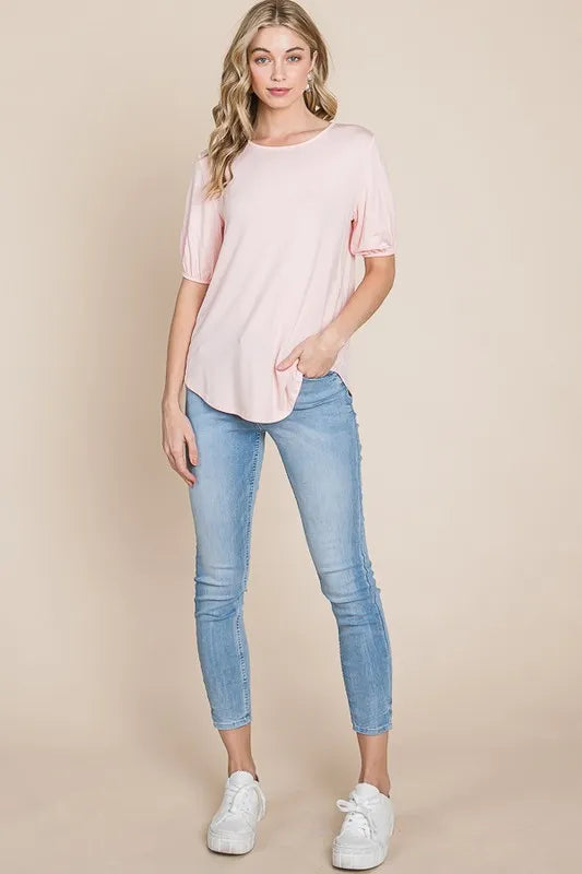 BOMBOM Round Neck Puff Sleeve T-Shirt - Premium Tops from Trendsi - Just $15.62! Shop now at Handbags Specialist Headquarter