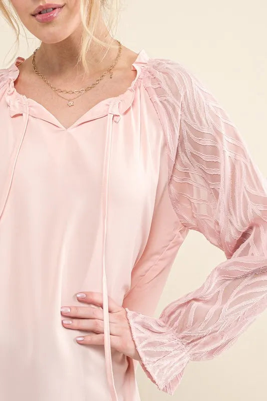 And The Why Leaves Shape Textured Sleeve Blouse - Premium Tops from Trendsi - Just $38.88! Shop now at Handbags Specialist Headquarter