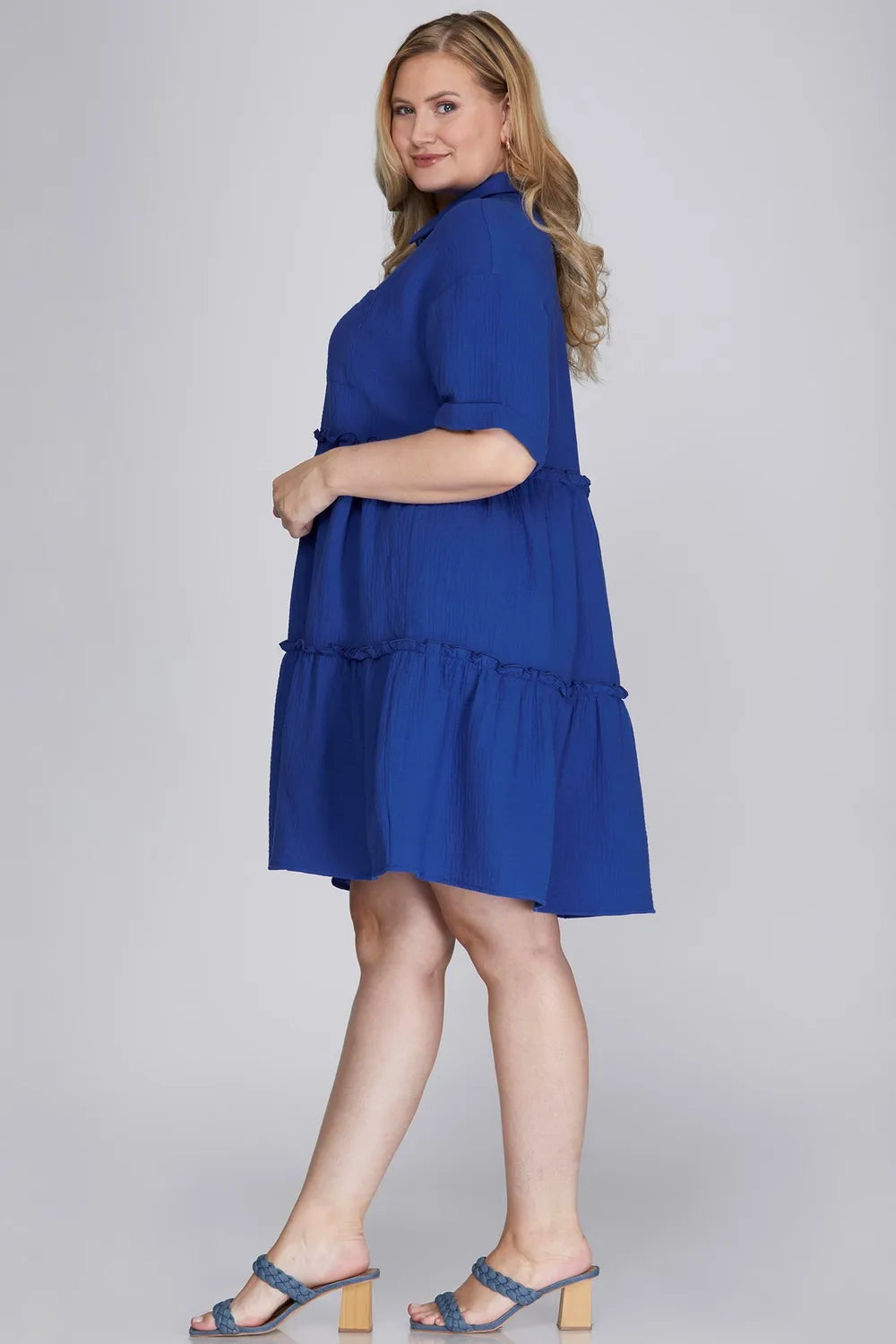 She + Sky Full Size Button Front Frill Tiered Mini Dress Plus Size - Premium Dresses from Trendsi - Just $51.99! Shop now at Handbags Specialist Headquarter