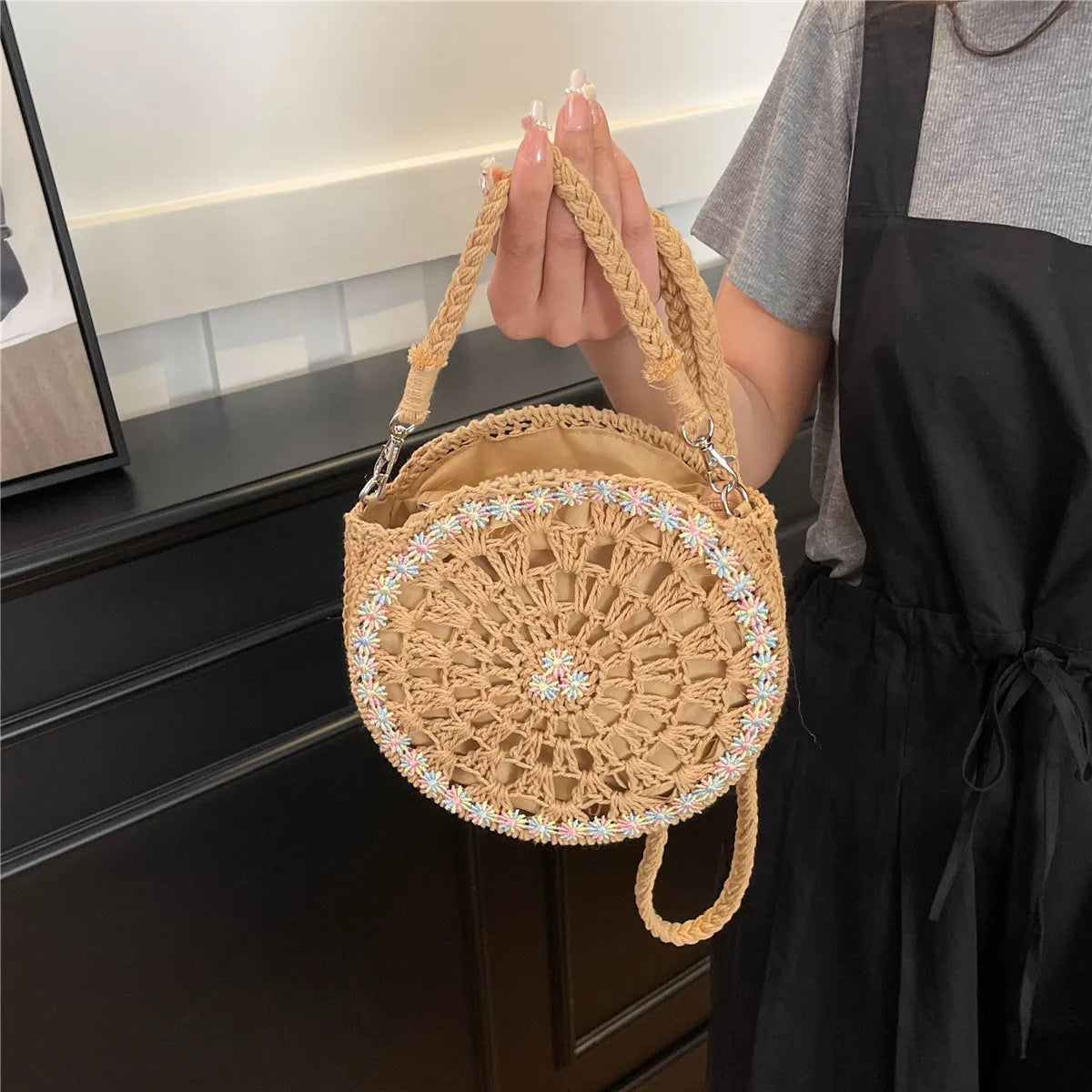 Handmade Round Crochet Straw Handbag - Premium handbags from Trendsi - Just $37.99! Shop now at Handbags Specialist Headquarter