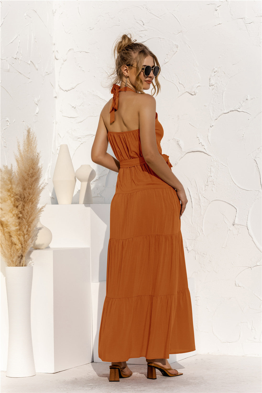 Halter Neck Tie Waist Tiered Maxi Dress - Premium Maxi Dress from Trendsi - Just $35.99! Shop now at Handbags Specialist Headquarter