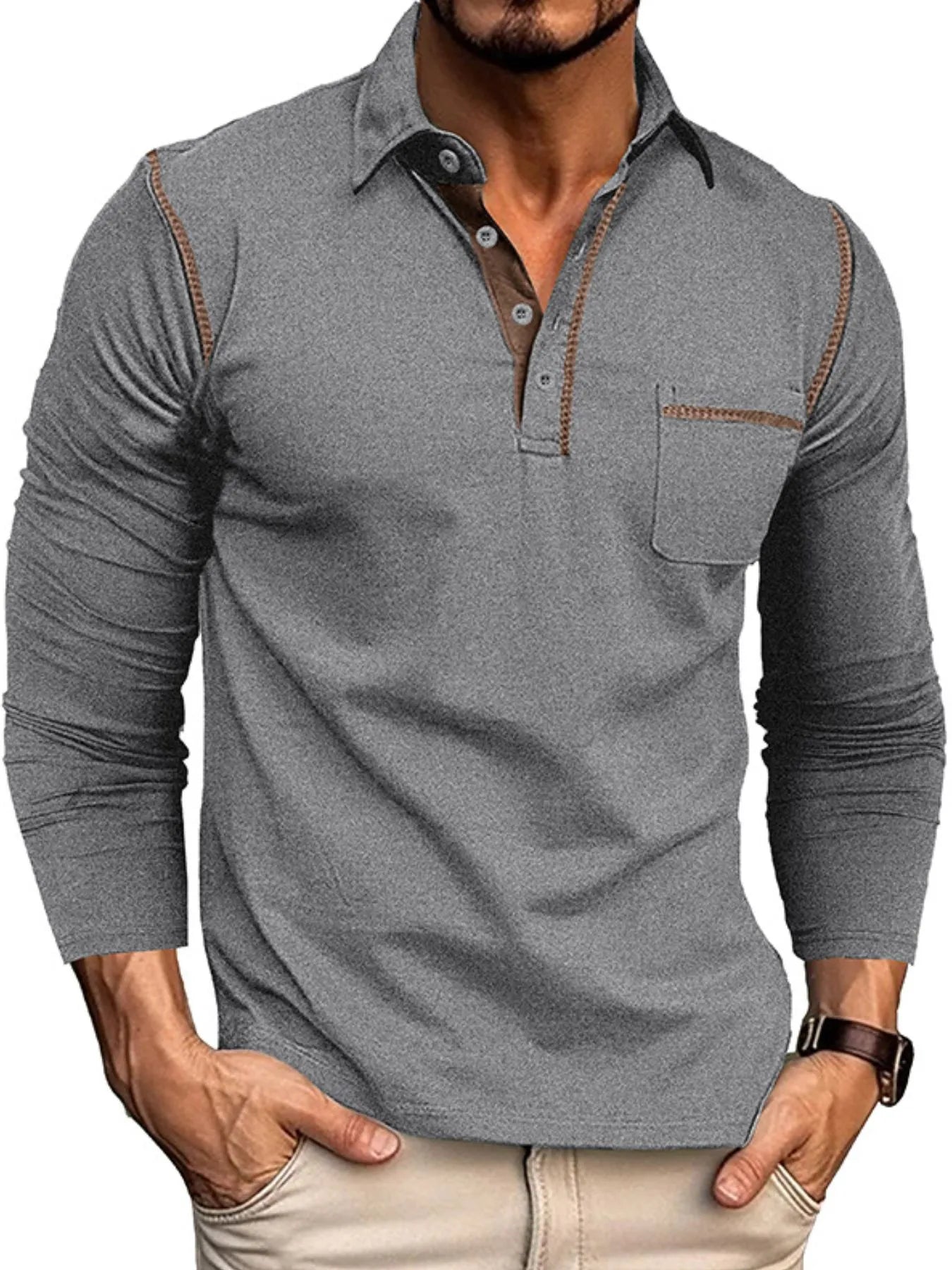 Men's Long Sleeve Polo Shirt with Contrast Stitching - Premium Men's Polo shirt from Trendsi - Just $39.99! Shop now at Handbags Specialist Headquarter