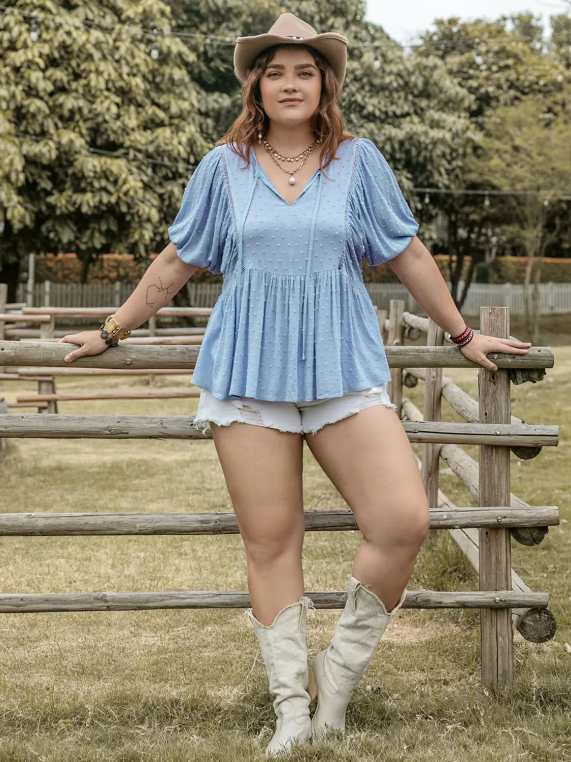 Plus Size Swiss Dot Tie Neck Short Sleeve Blouse - Premium Plus Size Shirts from Trendsi - Just $29.98! Shop now at Handbags Specialist Headquarter