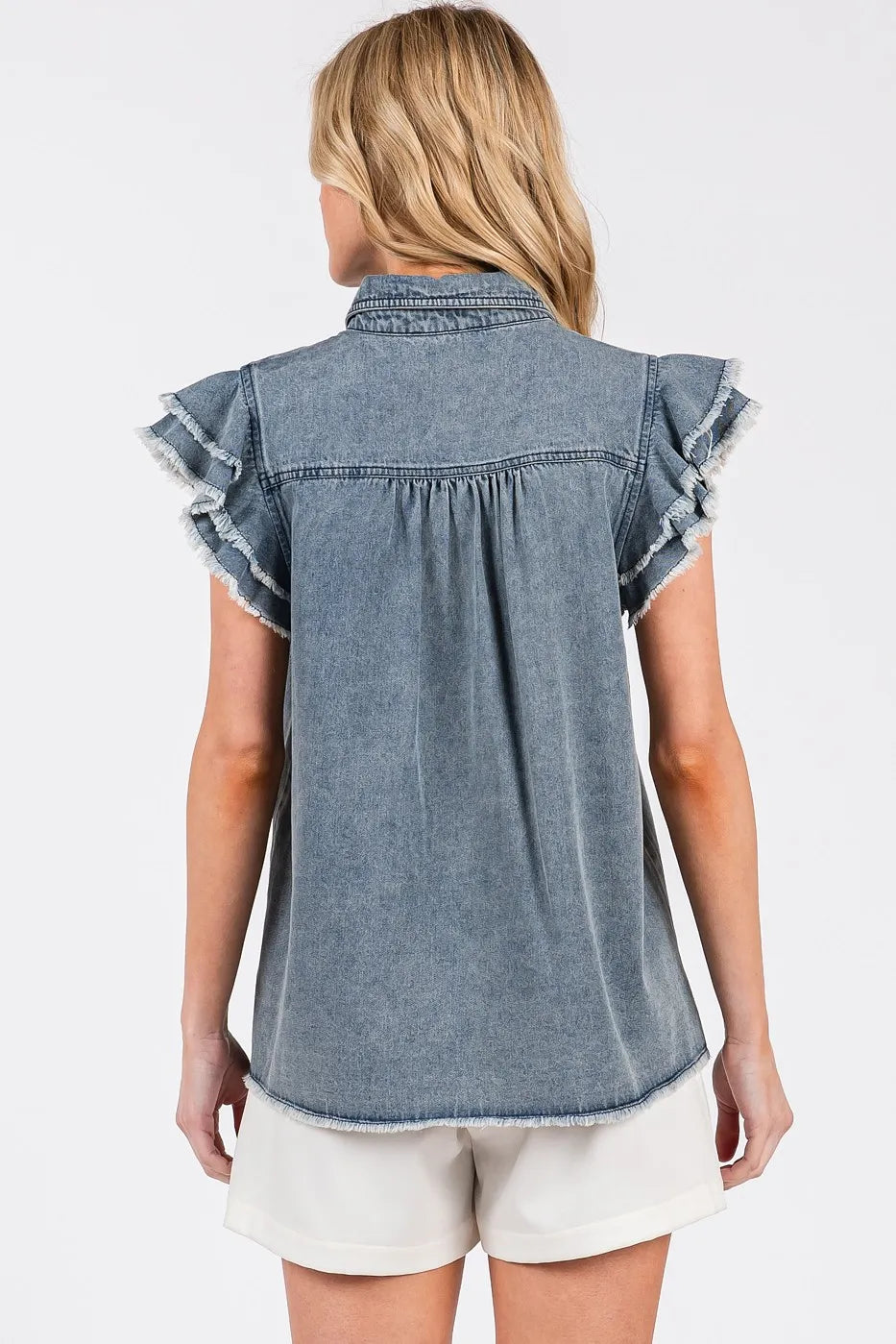 Mittoshop Washed Denim Ruffle Short Sleeve Collared Shirt - Premium Women / Jeans & Denim from Trendsi - Just $53.80! Shop now at Handbags Specialist Headquarter