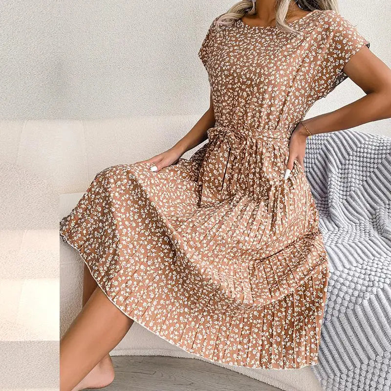 Women Spring Summer Short Sleeve High Waist Chic Dress Fashion Floral Pleated A Line Long Dress - Premium from Hey Whoops Store - Just $34.99! Shop now at Handbags Specialist Headquarter