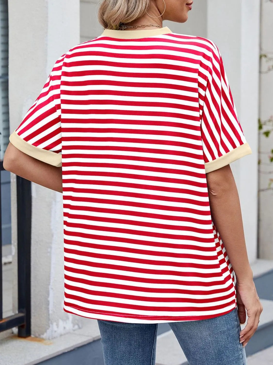 Striped Round Neck Half Sleeve T-Shirt - Premium Women / Tops from Trendsi - Just $19.34! Shop now at Handbags Specialist Headquarter