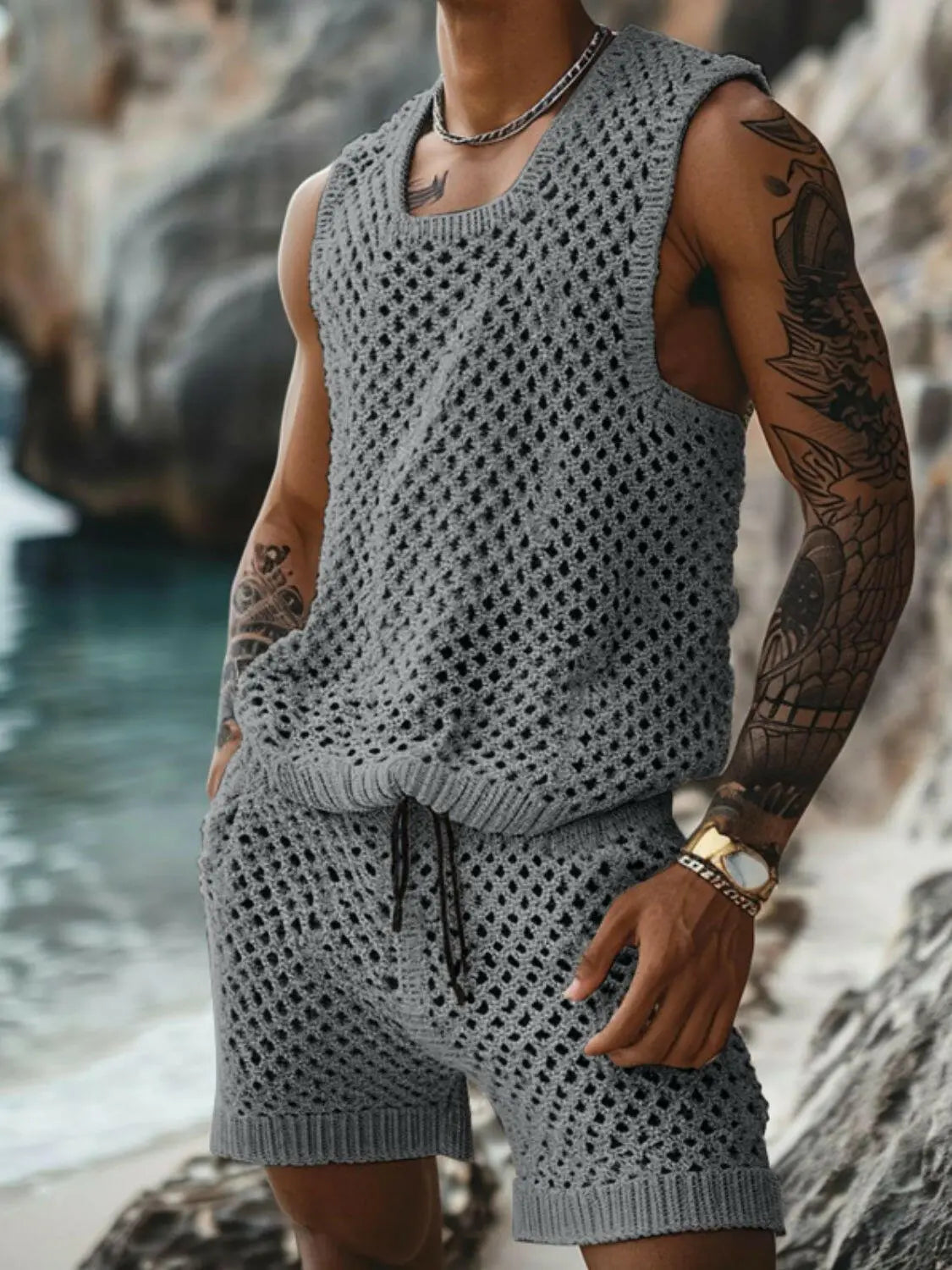 Men's Plus Size Hollow Out Round Neck Tank and Shorts Set.