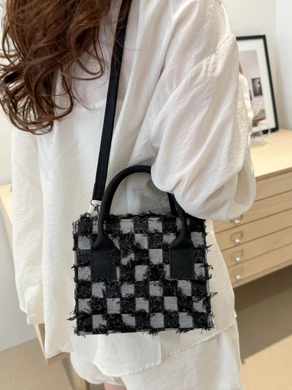 Raw Hem Checkered Denim Handbag - Premium Tote Bag from Trendsi - Just $39.99! Shop now at Handbags Specialist Headquarter