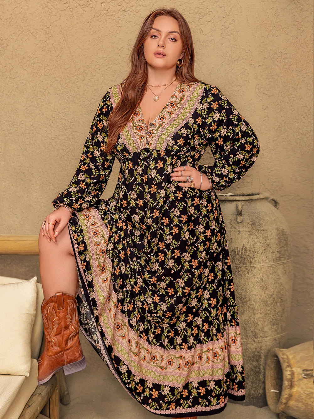 Plus Size Floral V-Neck Balloon Sleeve Dress - Premium Dresses from Trendsi - Just $45.99! Shop now at Handbags Specialist Headquarter