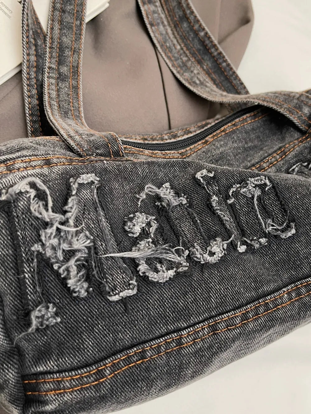 Letter Raw Edge Denim Handbag - Premium Tote Bag from Trendsi - Just $33.99! Shop now at Handbags Specialist Headquarter