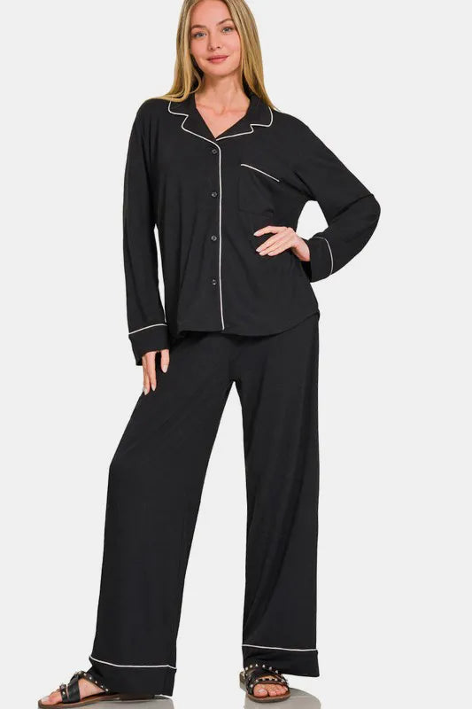 Zenana Button Down Long Sleeve Top and Pants Lounge Set - Premium Sleepwear from Trendsi - Just $46.99! Shop now at Handbags Specialist Headquarter