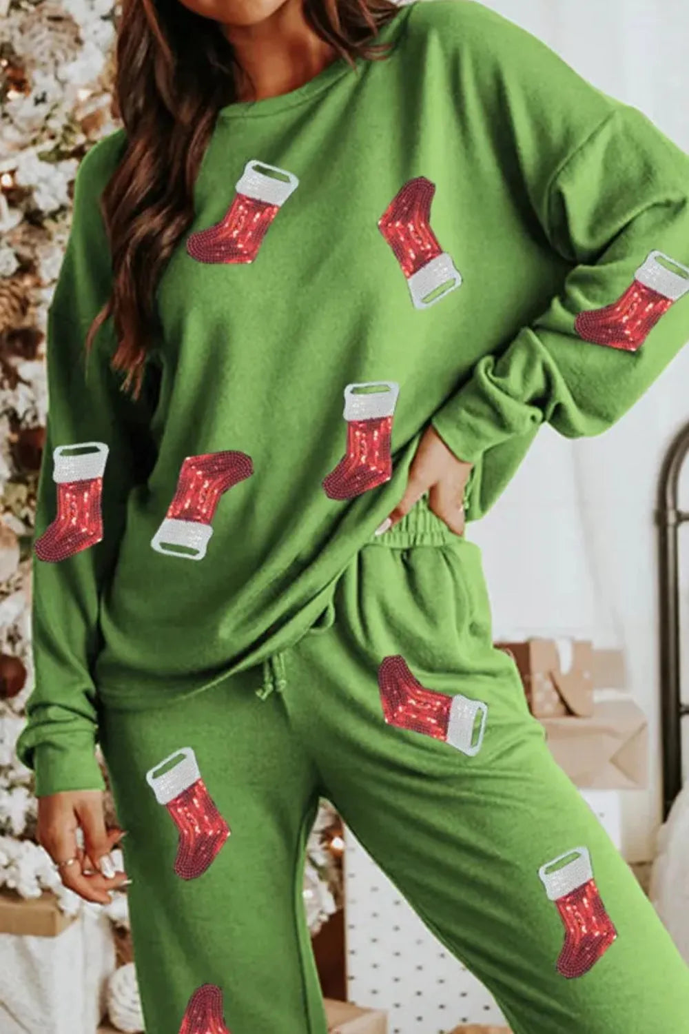 Sequin Socks Round Neck Long Sleeve Top and Pants Lounge Set - Premium Sleepwear from Trendsi - Just $47.72! Shop now at Handbags Specialist Headquarter