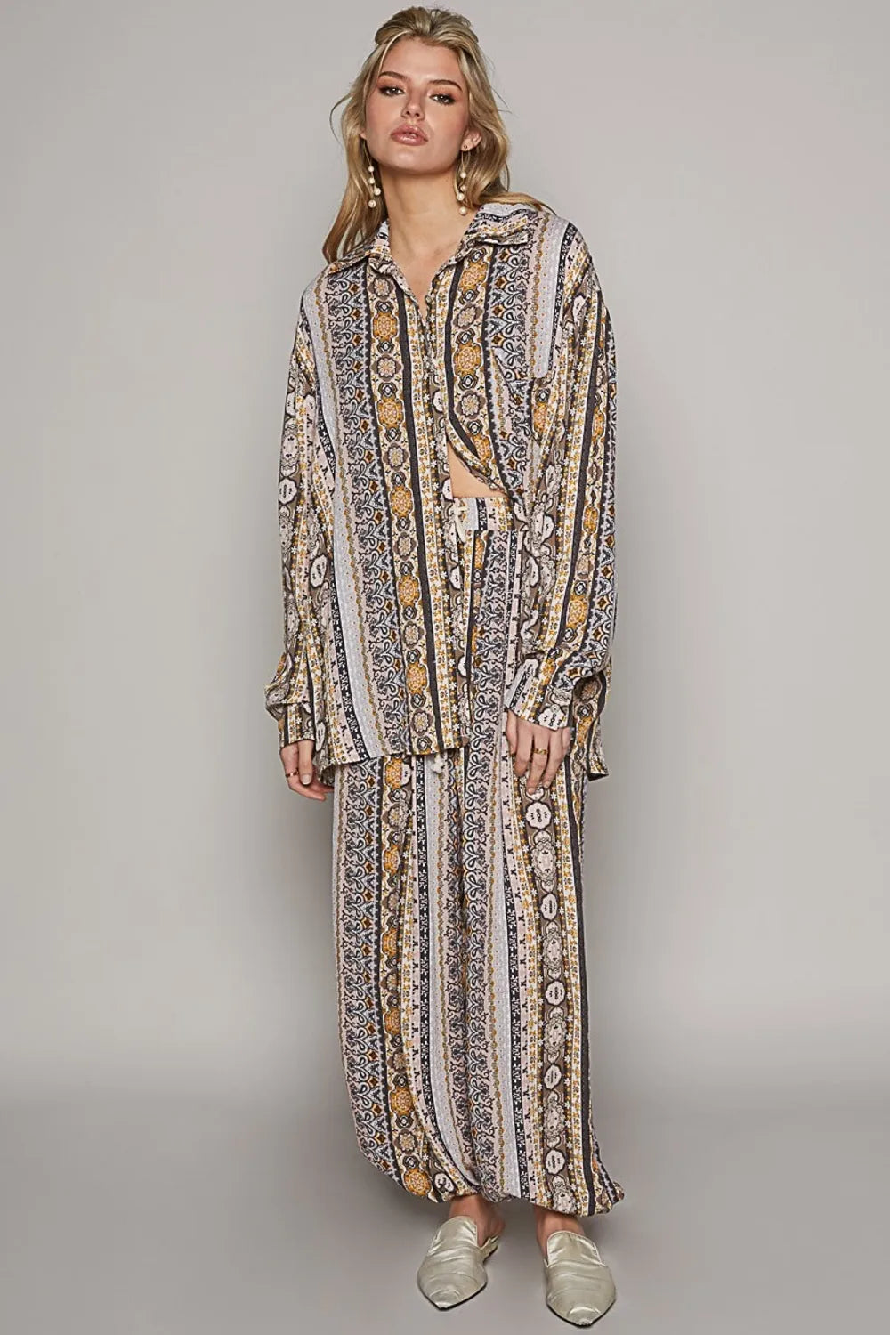 POL Long Sleeve Button Down Printed Shirt - Premium Women's Down Shirt Tops from Trendsi - Just $63.80! Shop now at Handbags Specialist Headquarter