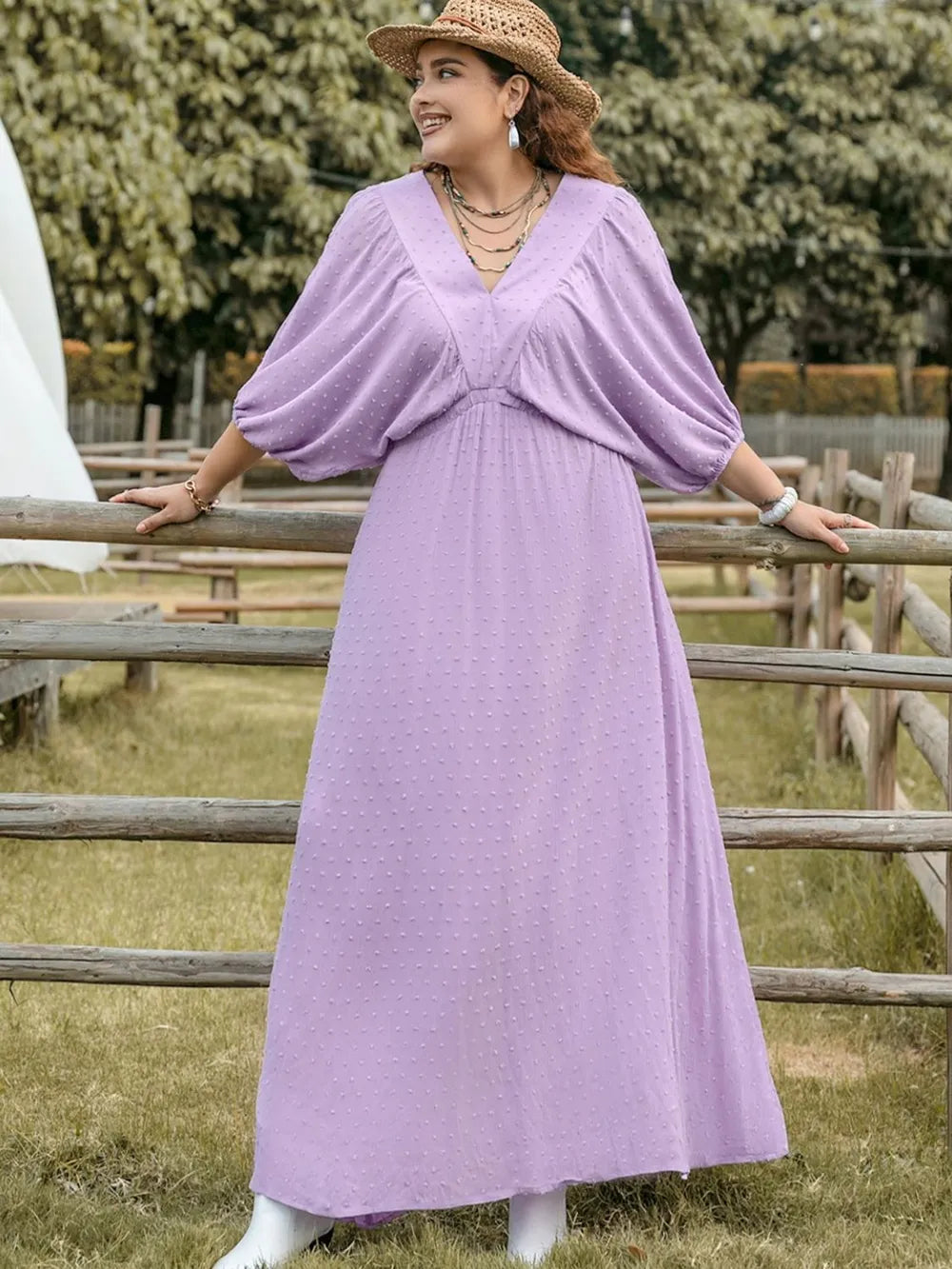 Plus Size Swiss Dot V-Neck Midi Dress - Premium Dresses from Trendsi - Just $45.99! Shop now at Handbags Specialist Headquarter