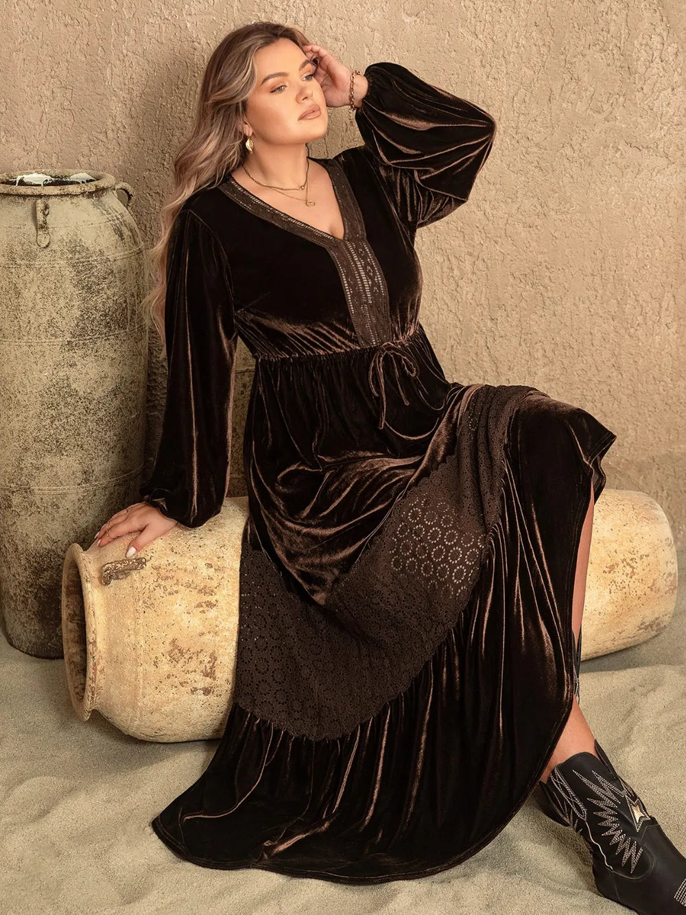 Plus Size V-Neck Balloon Sleeve Maxi Dress - Premium Dresses from Trendsi - Just $74.99! Shop now at Handbags Specialist Headquarter