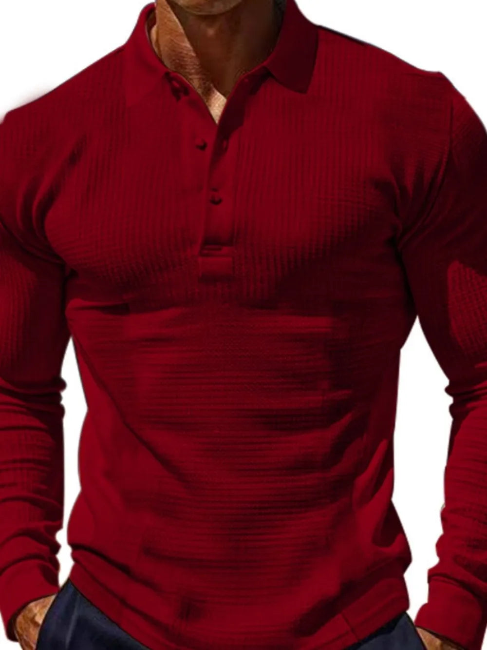 Men's Full Size Waffle-Knit Quarter Button Polo Plus Size - Premium Men's Polo shirt from Trendsi - Just $30.99! Shop now at Handbags Specialist Headquarter
