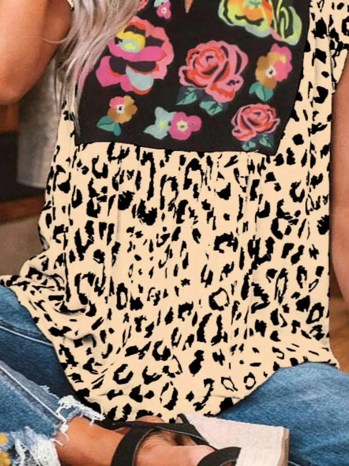 Full Size Leopard Floral Notched Cap Sleeve Blouse Plus Size.