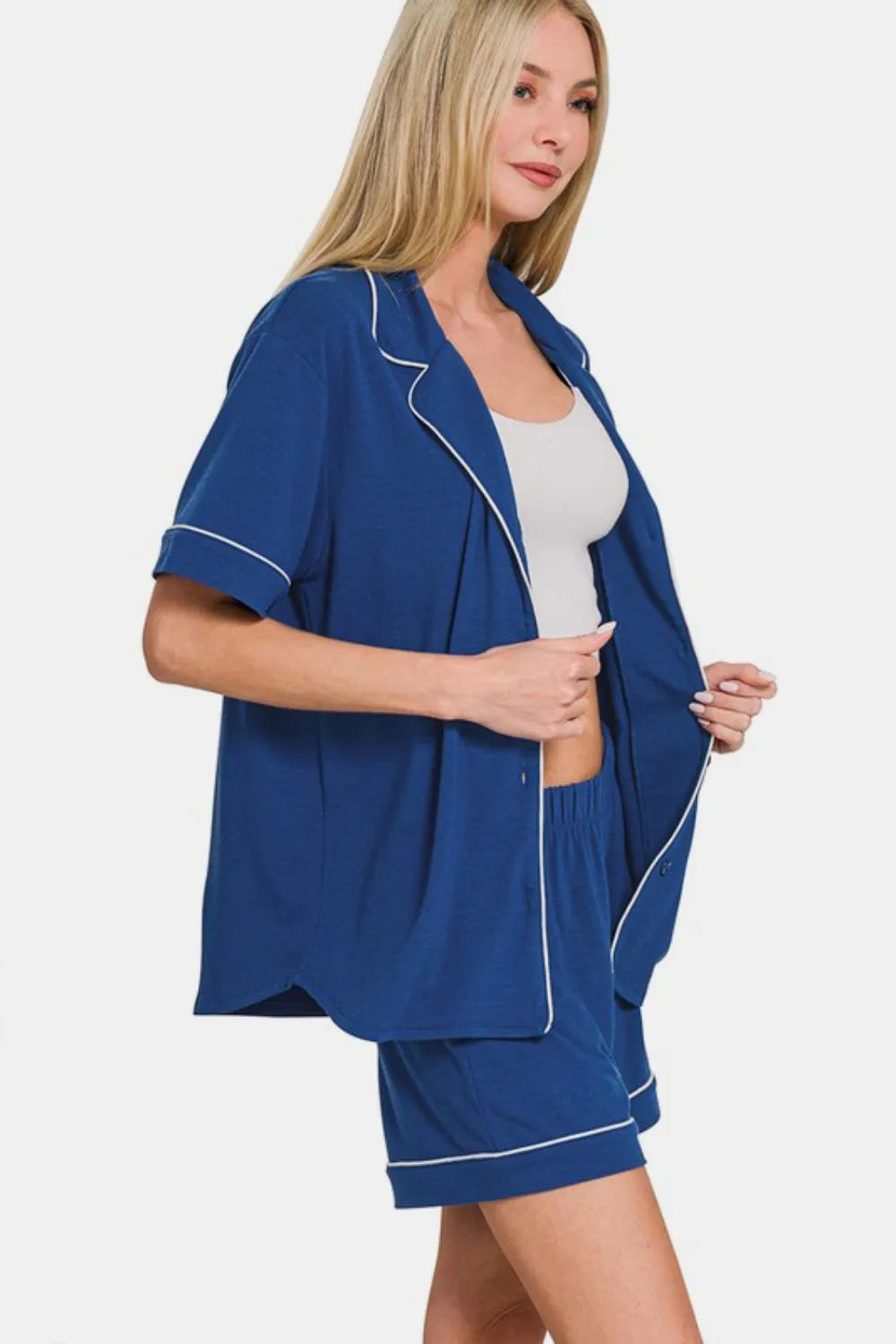 Zenana Button Down Short Sleeve Top and Shorts Lounge Set - Premium Sleepwear from Trendsi - Just $40.99! Shop now at Handbags Specialist Headquarter