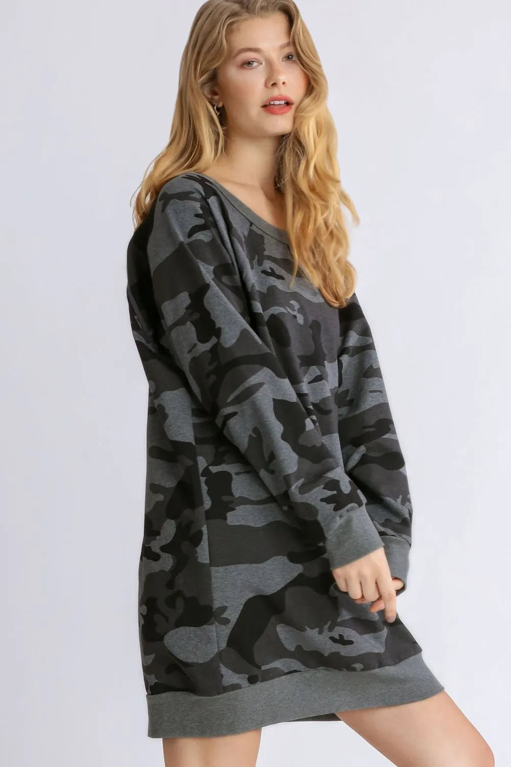 Umgee Full Size Camo Print Ribbed Hem French Terry Mini Dress Plus Size - Premium Dresses from Trendsi - Just $38.99! Shop now at Handbags Specialist Headquarter