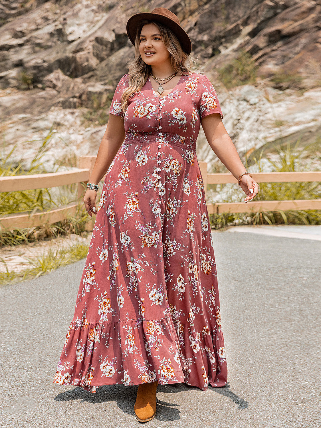 Plus Size Floral Slit Ruffle Hem Dress - Premium Dresses from Trendsi - Just $60.99! Shop now at Handbags Specialist Headquarter