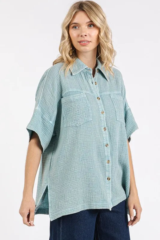 Mittoshop Mineral Wash Gauze Oversized Short Sleeve Shirt - Premium Women / Jeans & Denim from Trendsi - Just $50.74! Shop now at Handbags Specialist Headquarter