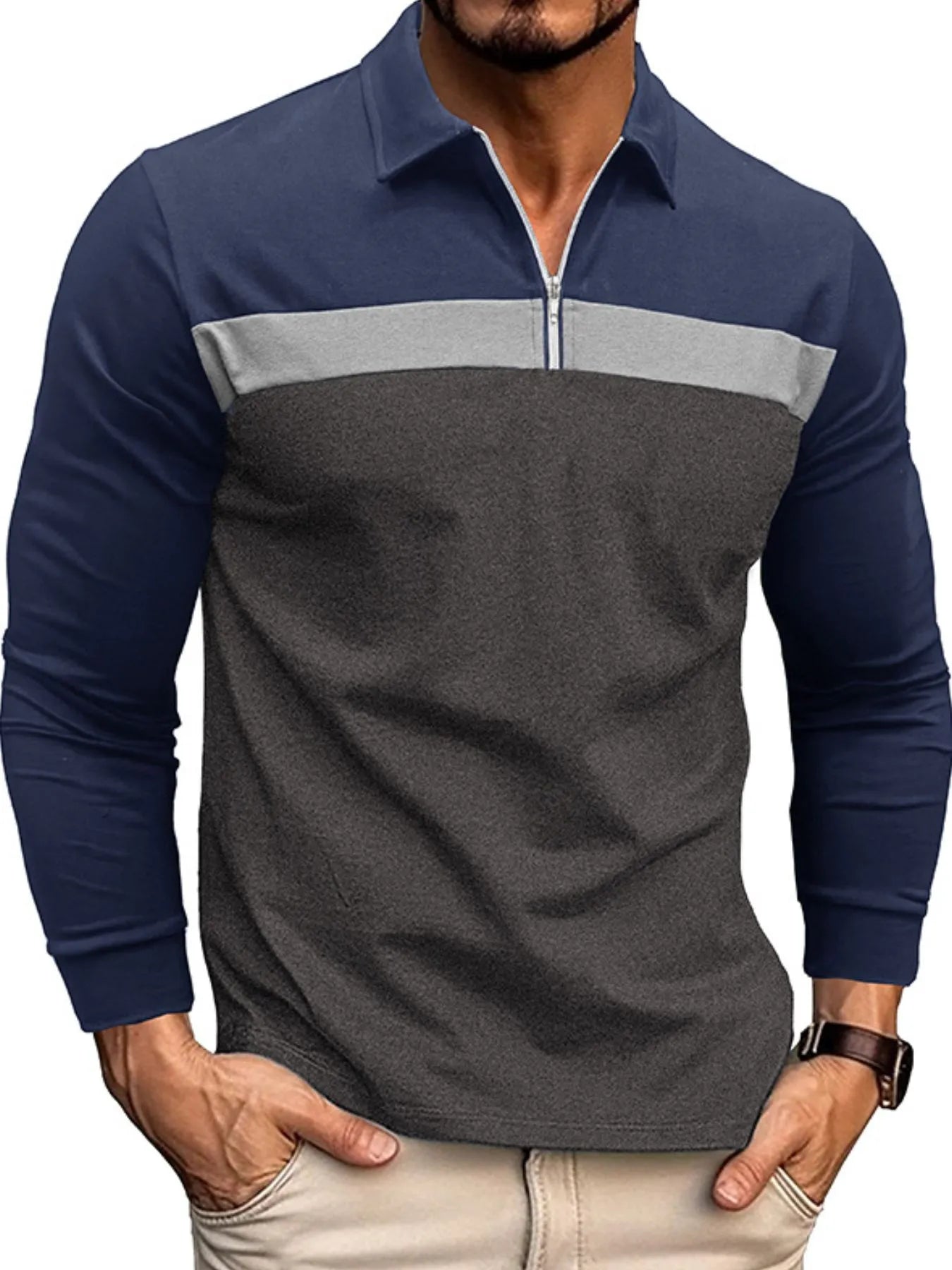 Men's Color Block Long Sleeve Polo Shirt - Premium Men's Polo shirt from Trendsi - Just $39.99! Shop now at Handbags Specialist Headquarter