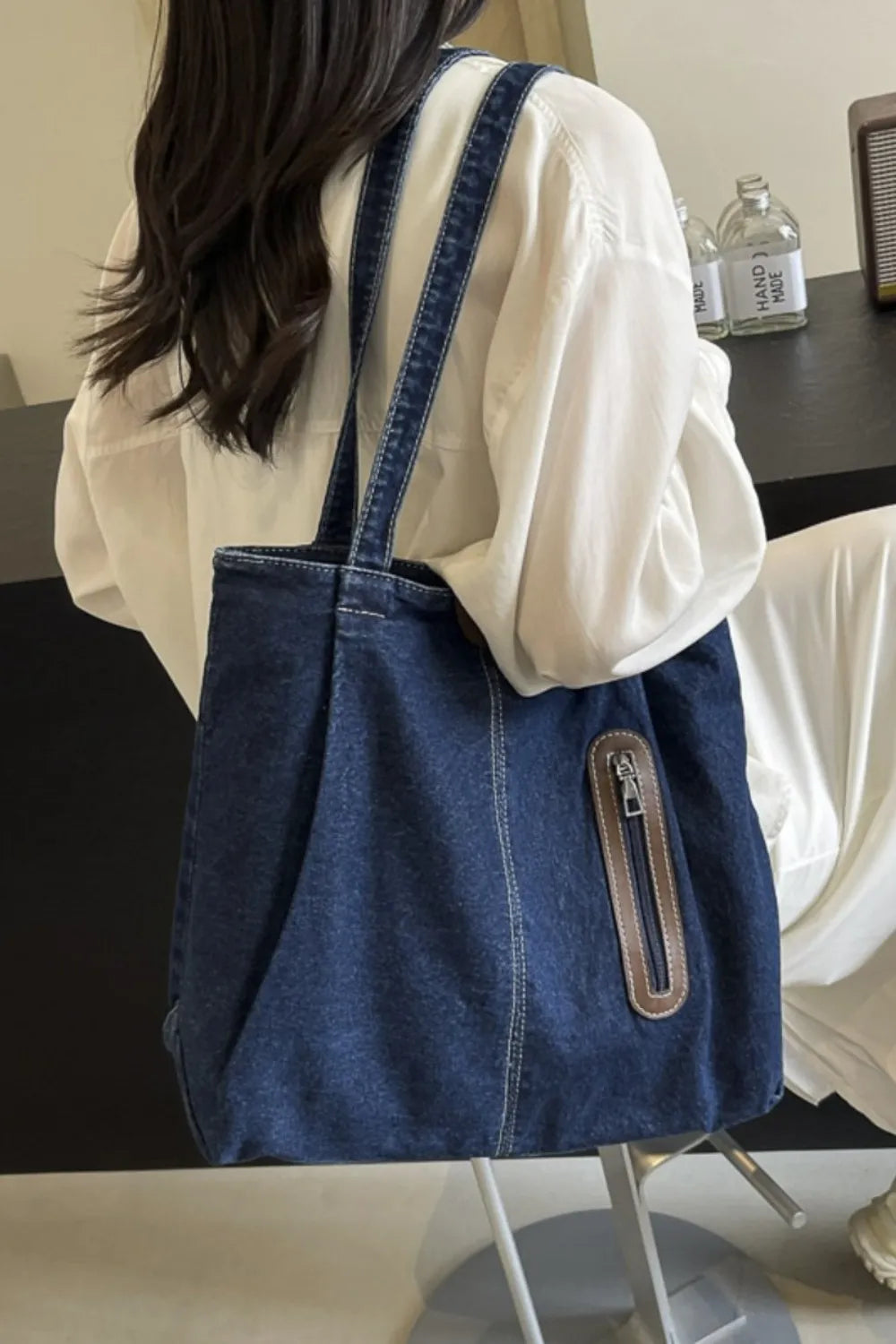Medium Denim Tote Bag - Premium Tote Bag from Trendsi - Just $32.99! Shop now at Handbags Specialist Headquarter