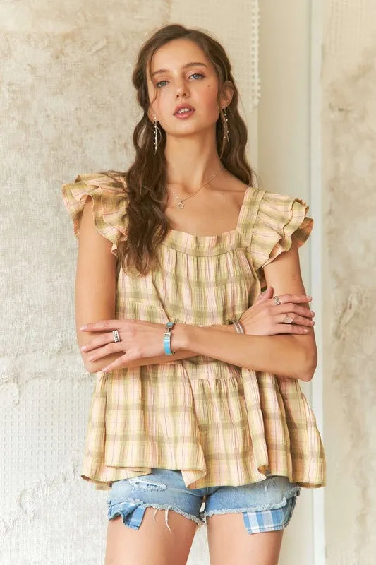 ADORA Ruffled Square Neck Cap Sleeve Babydoll Blouse - Premium Tops from Trendsi - Just $38.80! Shop now at Handbags Specialist Headquarter